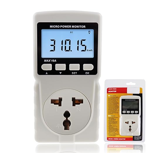 Electricity Monitor, Digital Power Overload Protection LCD Plug in Power Watt Voltage Meter, 8 Display Modes for Energy Saving, Watt Meter Outlet, Energy Consumption Factor, Power Consumption Monitor