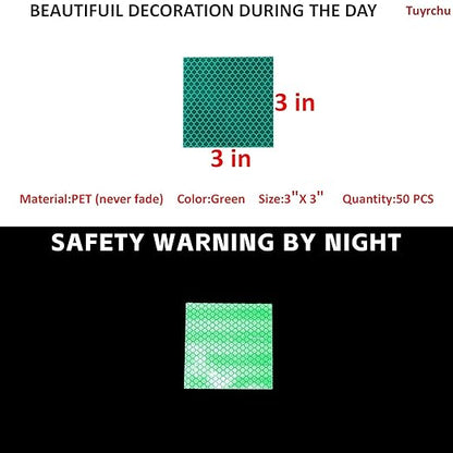 Non Fading Green Reflective Stickers 3 inch X 3 inch, Outdoor Waterproof High Visibility Warning Safety Adhesive Reflector Tape (50 Pcs)