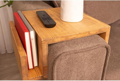 Wooden Couch Arm Tray – Sofa Armrest Table with Book & Magazine Holder, Perfect for Coffee & Remote Control, Solid Wood (Madrid)