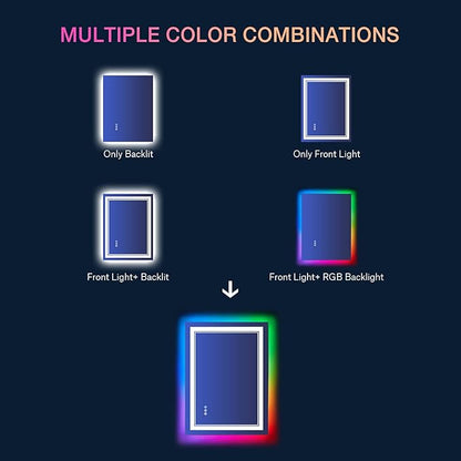 24x32 inch LED Bathroom Mirror RGB Color Changing Backlit Mirror Shatterproof Dimmable Anti-Fog Vanity Mirror with Double Lights (RGB Multicolor Backlit + Adjustable Front-Lighted)