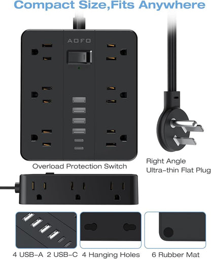 20FT Surge Protector Power Strip,12 AC Outlets with 6 USB Ports (2 USB-C), Flat Plug Extension Cord with Multiple Outlets, Wall Mount for Home Office,Dorm,Black