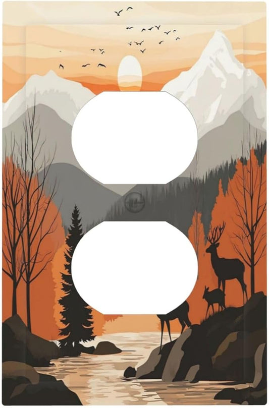 Sun Forest Deer Snow Mountain River Outlet Covers 1 Gang Duplex Light Switch Cover Decorative Switch Plates Electrical Receptacle Faceplate Wall Plate For Bed Room Living Room Decor