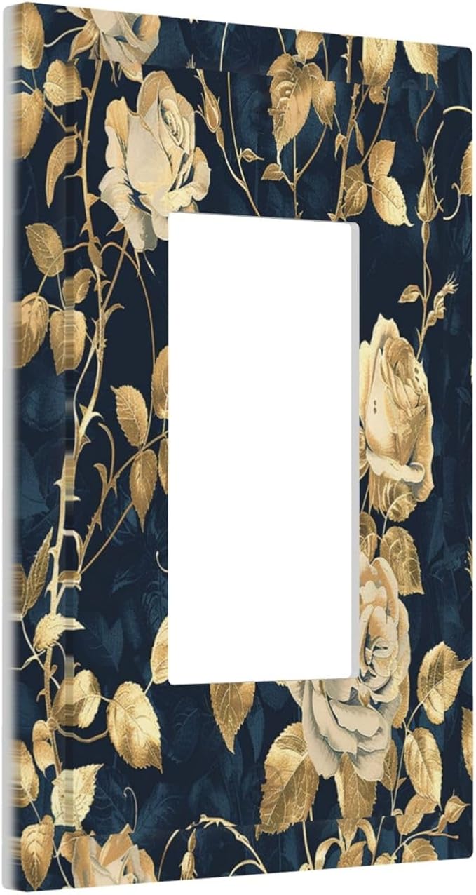 Decorative Outlet Covers Boho Vintage Floral Golden Flower Dark Blue Background 1 Gang Single Rocker Light Switch Cover Plate Wall Plates GFCI Faceplate for Bedroom living Room Decor