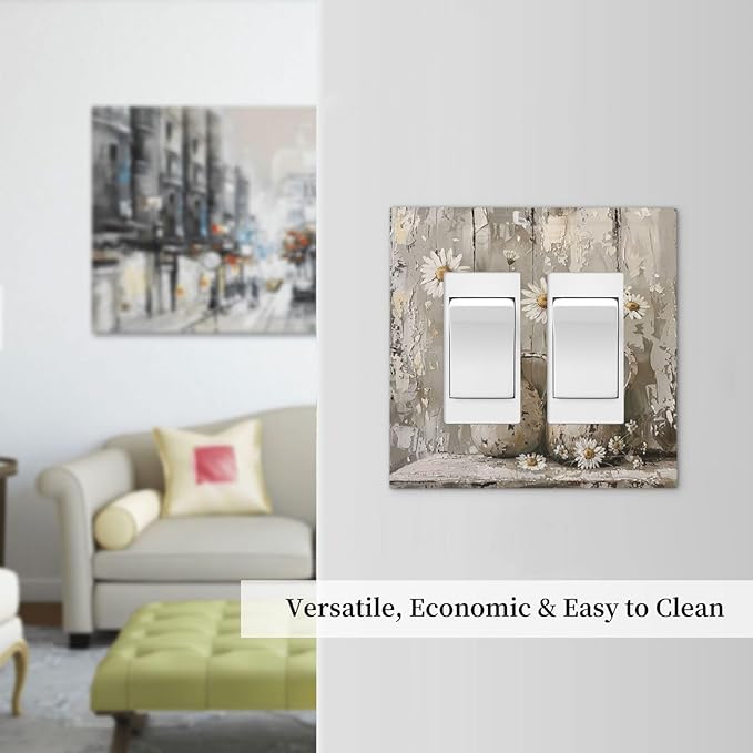 Decorative Outlet Covers Vintage Rustic Floral White Daisy Flower Oil Painting Style 2 Gang Double GFCI Rocker Electrical Wall Panels Light Switch Cover Plate for Home Farmhouse Decor