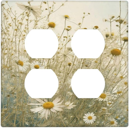 White Wildflowers Daisy Vintage Floral Outlet Covers 2 Gang Double Duplex Decorative Light Switch Covers Electrical Wallplates Socket Faceplate for Bed Room Living Room Decor