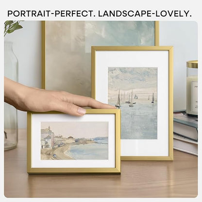 Homeforia A5 Picture Frame Gold, High End Metal 5.8 x 8.3 Frames Matted to 4.1 by 5.8 inch Photo, A5 Frame with Mat A6, 5.8x8.3 Poster Frames, 8.3x5.8 Display Frame, Tempered Glass, Wall Kit, Set of 3
