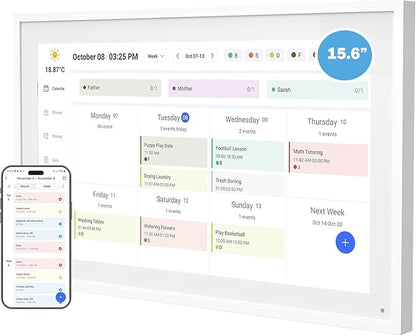 15.6 Inch Digital Calendar with Wall Mount Option, HD Touchscreen Planner, Wi-Fi sync, Color Coded Scheduling, Meal Planning, Chore Chart for Family and Home Organization