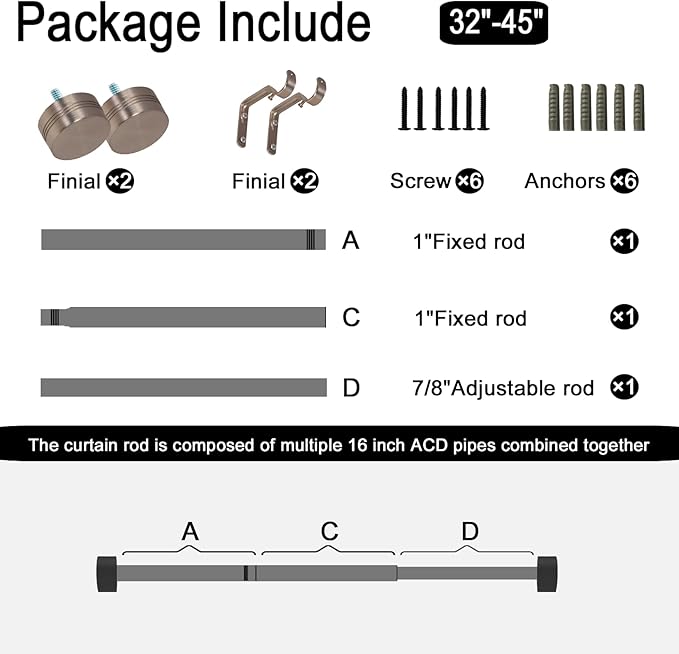 Brushed Nickel Curtain Rod for Windows 18 to 45 Inches, 1 Inch Adjustable Drapery Pole, Heavy Duty Outdoor/Indoor Modern Curtain Rods, Easy Installation(Satin Nickel 18"-45")