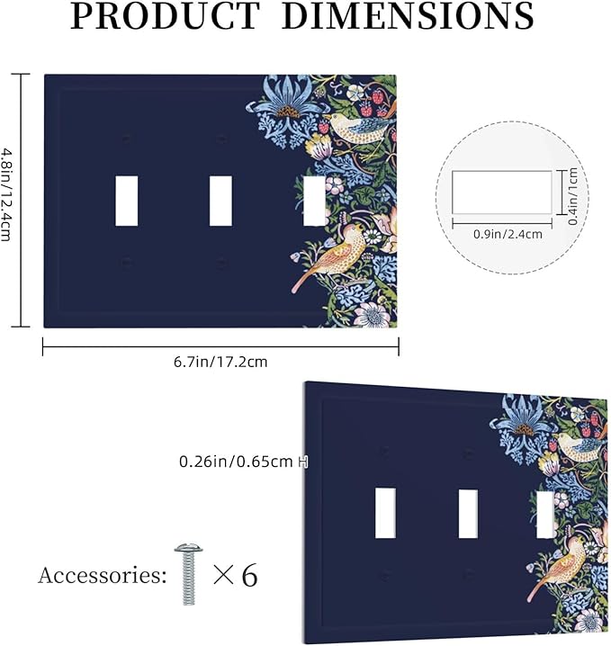 Decorative Light Switch Cover Plate Vintage Blue Morris Strawberry Thief Bird Flower 3 Gang Wall Plate Oversized Triple Toggle Switch Cover Plate Jumbo Faceplate
