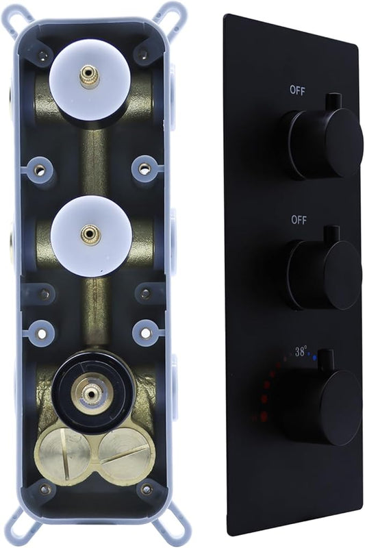 2 Function Shower Thermostatic Valve 3 Round Knob Valve Body Can Control Water Volume and Work at the Same Time Concealed Brass Bathroom Valve Replacement Rough-In Valves (Matte Black, 2-Way)