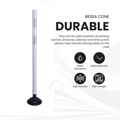 BESEA 8PCS 48" Traffic Delineator Posts with Detachable Base & High-Visibility Reflective Collars,White Durable Flexible Safety Cones for Work Zones, Parking Lots, and Roadways