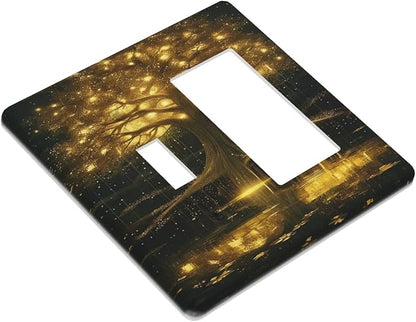Decorative Outlet Covers Golden Shining Fantasy Kabbalah Tree of Life 2 Gang Wall Plate Single Toggle 1 Rocker Light Switch Cover Switch Plate Covers Faceplate for Bedroom Home Decor