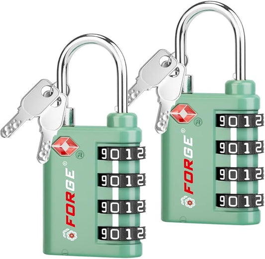 Forge Dual-Opening: Key or Combination Lock, TSA Approved Lock for Luggage, Pelican case, Travel, Gym, School, Luggage Combination Lock, Travel Bag Lock (Green 2 Pk)