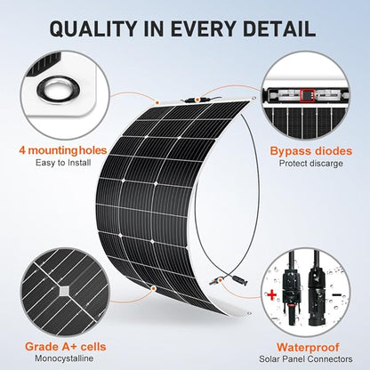 DOKIO 200W (2×100W) Flexible Solar Panels 18V Monocrystalline for 12V Battery Charging, Semi-Flexible ETFE with MC4, Series/Parallel for RV Boat Camper Van Trailer Off-Grid Use