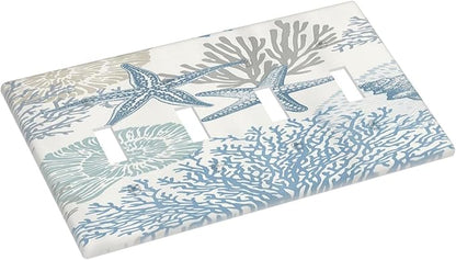 Decorative Light Switch Plate Covers Blue Starfish Coral Seaweed 4 Gang Light Switch Cover Quad Toggle Wall Plate Outlet Covers for Bathroom Bedroom Decor