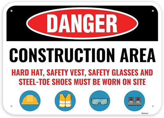 1PC Construction Signs, 14 x 10 Inches - Aluminum - Danger Area Under Construction Safety Site Signs For Jobsites