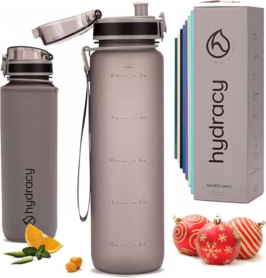 Hydracy Water Bottle with Time Marker -Large BPA Free Water Bottle & No Sweat Sleeve -Leak Proof Gym Bottle with Fruit Infuser Strainer & Times to Drink -Ideal for Fitness Sports & Outdoors
