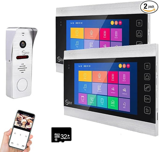 WiFi Video Intercom System with 1080P 160°Wide HD Camera 7 lnch Wired Screen Monitor with Night Vision Motion Detect for Vally Apartment,Tuya (one doorbell,Two Monitor)