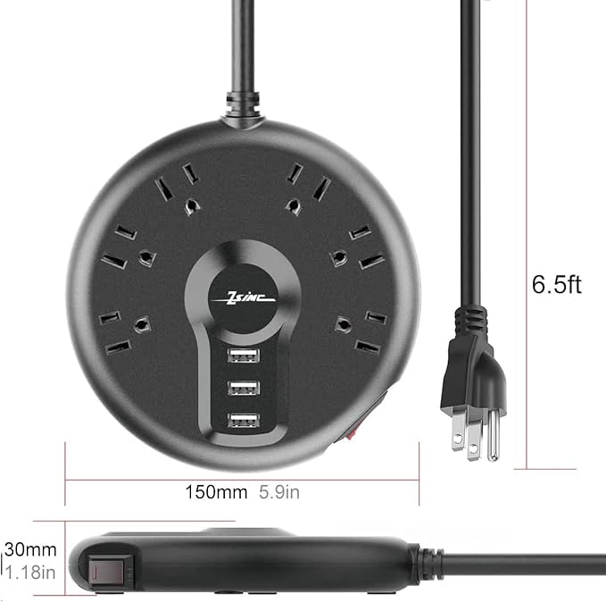 Power Strip, 6 Outlets and 3 USB Ports 6.5FT Long Extension Cord, Circle Socket Overload Surge Protector, 100% Copper Core, Flat Plug Charging Station Compact for Office, Home, Travel (Black)
