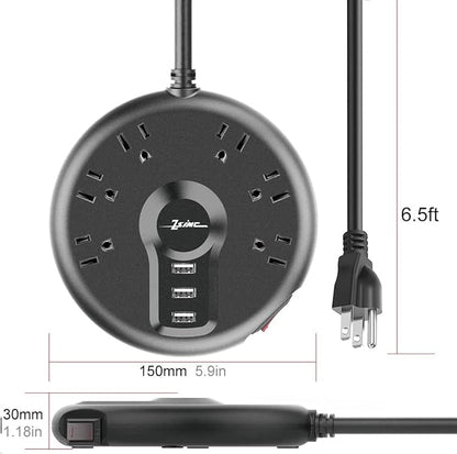 Power Strip, 6 Outlets and 3 USB Ports 6.5FT Long Extension Cord, Circle Socket Overload Surge Protector, 100% Copper Core, Flat Plug Charging Station Compact for Office, Home, Travel (Black)