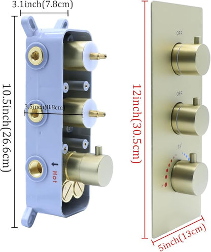 2 Function Shower Thermostatic Brass Valve Volume Control Can Work at the Same Time: 3 Round Knob, Concealed Brass Rough-In Valve (Brushed Gold, 2-Way)