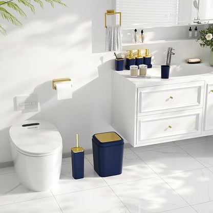 Bathroom Set - Bathroom Sets with Shower Curtain and Rugs, Bathroom Accessory Set, Navy Blue Bathroom Accessories Set with Trash Can, Toilet Brush and Soap Dispensers