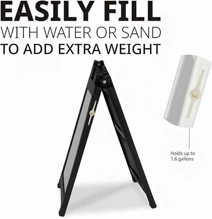 Deluxe A-Frame Sidewalk Sign, White, Double-Sided Display Board with Water-Fillable Base, 24x36 Inch Poster Size, Weather-Resistant PE Plastic (Black)