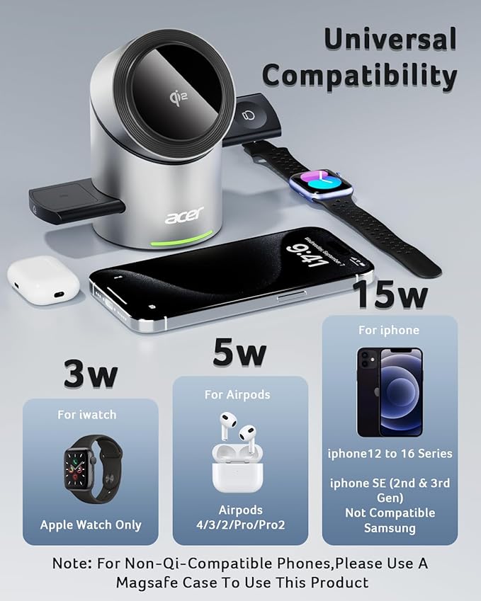 Acer S2 3 in 1 Charging Station for Apple - Qi2 15W iPhone Wireless Charging Station, Magsafe Charger Stand for iPhone 17 16 15 14 13 12 - Apple Watch - Airpods Series (Charger & USB-C Included)