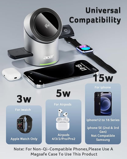 Acer S2 3 in 1 Charging Station for Apple - Qi2 15W iPhone Wireless Charging Station, Magsafe Charger Stand for iPhone 17 16 15 14 13 12 - Apple Watch - Airpods Series (Charger & USB-C Included)