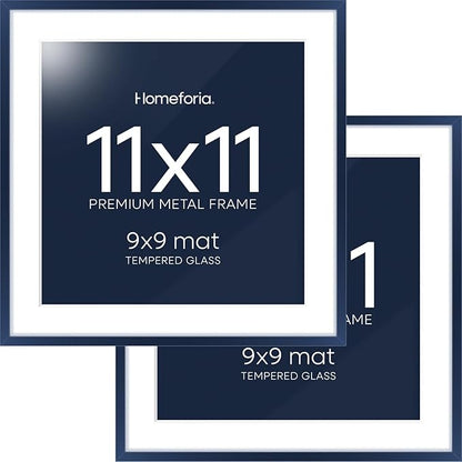Homeforia 11x11 Navy Blue Picture Frame, High End Metal 11 by 11 Square Frames with Mat 9 x 9 Photo, 11by11 Poster Frame Matted to 9x9 inch Art, Wall Hanging Frames, Tempered Glass, Wall Kit, Set of 2