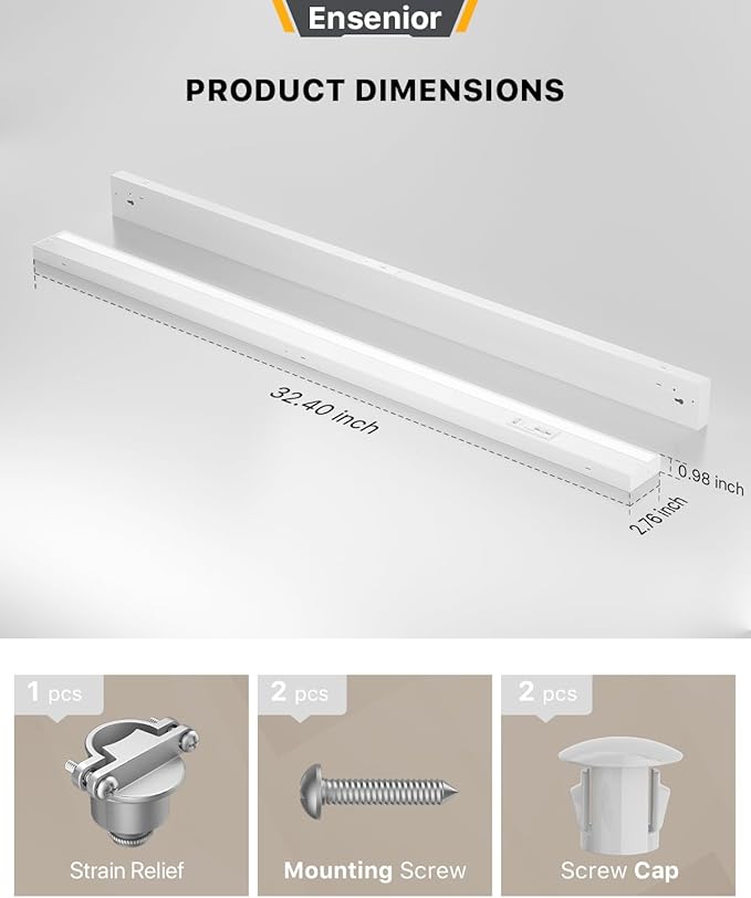Ensenior 32 Inch LED Under Cabinet Lighting Hardwired, 5CCT, 18W 1100LM, 2700K/3000K/3500K/4000K/5000K, Wired Under Cabinet Lights, Dimmable Under Counter Lights for Kitchen, FCC, 1 Pack