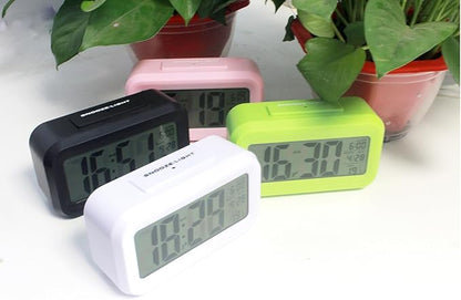 Digital Alarm Clock with LCD Display, Desk Smart Electronic Small Clock with Indoor Temperature, Date, Light Sensor, Backlight, Battery Operated, for Home Bedroom Kids Office (White)