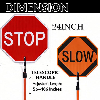BESEA 24×24 Inch Stop/Slow Reflective Street Sign, Double-Sided with Telescopic Handle (56–106 in), Hand Held Stop Sign Road Sign Traffic Sign for Traffic Control & School Safety