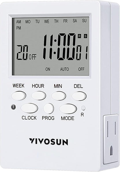 VIVOSUN Digital Timer Outlet 7 Day Programmable Digital Outlet Timer with 2 Independent Outlets 3 Prong, 20 on/Off Programs Groups, Countdown Setting, Indoor for Light Lamp, Fan（1Pack）