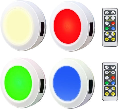 HONWELL Push Light, LED Puck Lights with Remote, Battery Operated RGB Fairy Lights Wireless Touch Tap Light Dimmable Closet Cabinet Lighting for Stick Voice Level Classroom