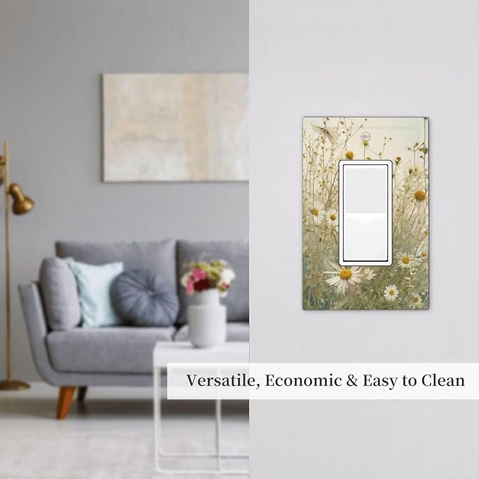 White Wildflowers Daisy Vintage Floral Decorative Outlet Covers 1 Gang Single Rocker Light Switch Cover Plate Wall Plates GFCI Faceplate for Bed Room Living Room Decor