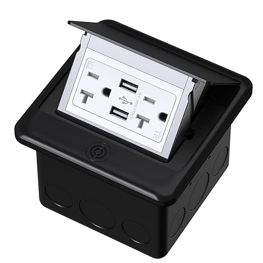 KYHSHJ 4.8A USB Chargers Pop Up Floor Waterproof Electrical Outlet Receptacle Stainless Steel Box,Black