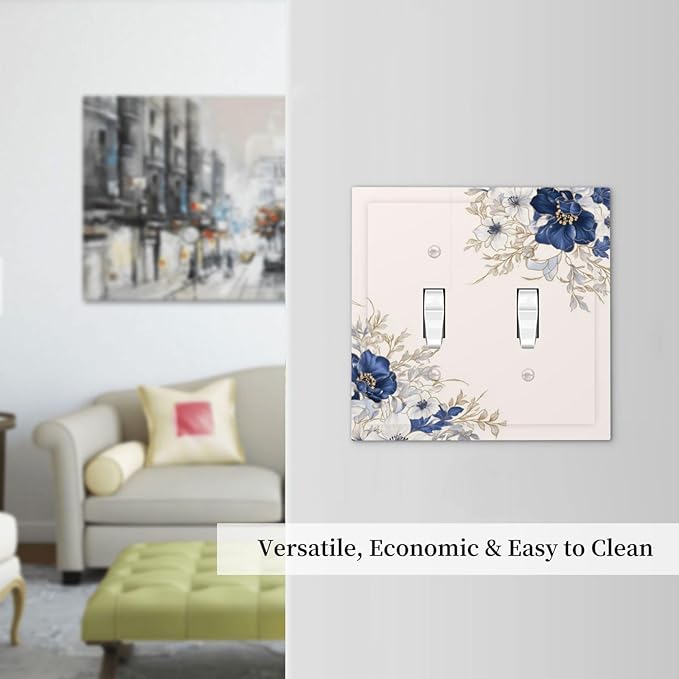 Decorative Light Switch Cover Plate Rustic Blue Beige Flower Peony Floral 2 Gang Outlet Covers Double Toggle Wall Plates for Electrical Outlets Switch Plate Covers Faceplate for Home Decor
