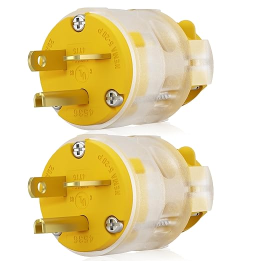 ELEGRP Lighted 20 Amp 125 Volt NEMA 5-20P 2 Pole 3 Wire Grounding Straight Blade Electrical Plug Replacement Cord Outlet Commercial Grade, Yellow, 2 Pack