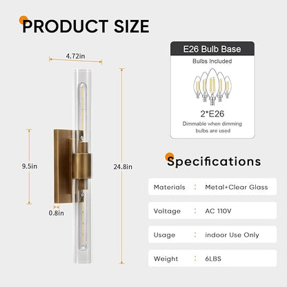 24.8" L Minimalist Style Wall Sconces Set of 2, Brass Wall Lights Fixtures Morden Cylinder Wall Light for Bathroom Vanity Light Indoor Wall Mounted Lamps for Living Room,Bedroom,Hallway