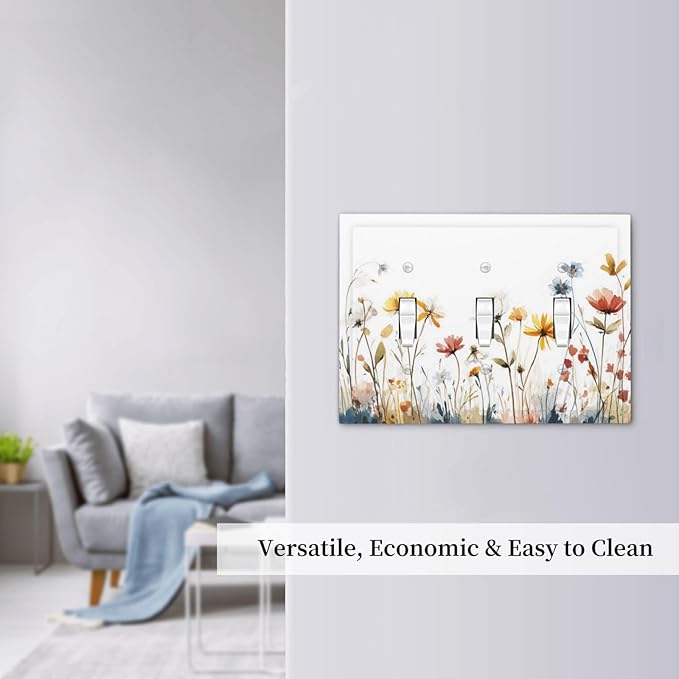 Watercolor Wildflower Colorful Floral Plant Decorative Switch Plates 3 Gang Wall Plate Triple Toggle Light Switch Cover Faceplate Electrical Wall Panels for Bed Room Living Room Decor