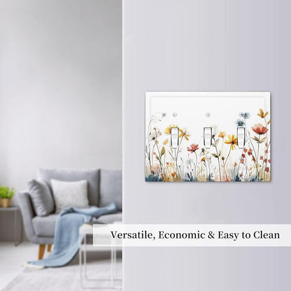 Watercolor Wildflower Colorful Floral Plant Decorative Switch Plates 3 Gang Wall Plate Triple Toggle Light Switch Cover Faceplate Electrical Wall Panels for Bed Room Living Room Decor