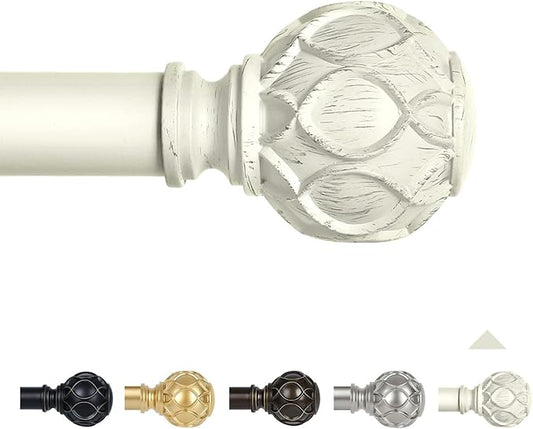 White Farmhouse Curtain Rods for Windows:66-120" Heavy Duty Adjustable Curtain Rod for Bedroom Living Room,Boho Decorative Rustic Drapery Rods with Vintage Coastal Texture Finial,Antique White