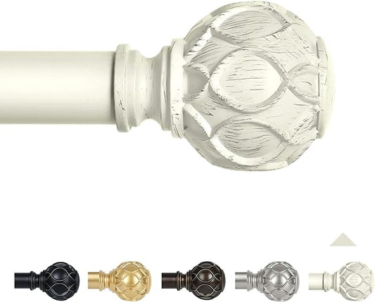 White Farmhouse Curtain Rods for Windows:18-60" Heavy Duty Adjustable Curtain Rod for Bedroom Living Room,Boho Decorative Rustic Drapery Rods with Vintage Coastal Texture Finials,Antique White