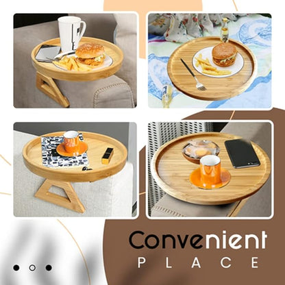 Clip On Tray Sofa Table, Bamboo Couch Arm Tray, Folding Sofa Armrest Tray Table for Drinks, Snacks, Phone & Remote – Portable Clip-On Side Table for Couch, Recliner & Armchair