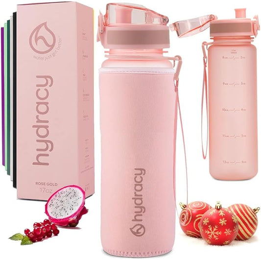 Hydracy Water Bottle with Time Marker -Large BPA Free Water Bottle & No Sweat Sleeve -Leak Proof Gym Bottle with Fruit Infuser Strainer & Times to Drink -Ideal for Fitness Sports & Outdoors