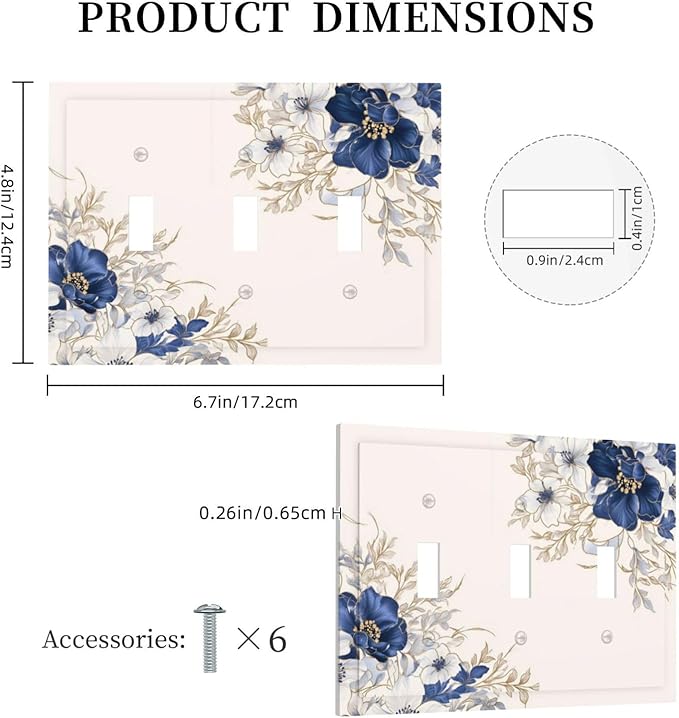 Decorative Light Switch Cover Plate Rustic Blue White Flowers Floral Penoy 3 Gang Wall Plate Oversized Triple Toggle Switch Cover Plate Jumbo Face Plate for Bedroom Decor