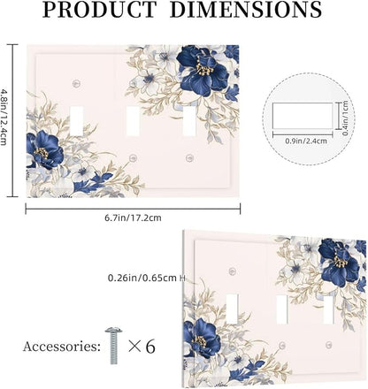 Decorative Light Switch Cover Plate Rustic Blue White Flowers Floral Penoy 3 Gang Wall Plate Oversized Triple Toggle Switch Cover Plate Jumbo Face Plate for Bedroom Decor