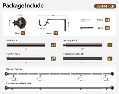 TONIAL Bronze Curtain Rod 32 to 144 Inches, 7/8 Adjustable Curtain Rods for Windows 20 to 54 Inches, Splicing Drapery Rods Heavy duty with Netted Texture Finials