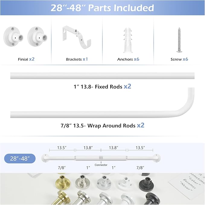White Wrap Around Curtain Rods 28 to 48 Inch:Blackout Heavy duty Adjustable Window Curtain Rod for Bedroom,Industrial Darkening Curved French Metal Single Drapery Rods Easy Install,Pure White